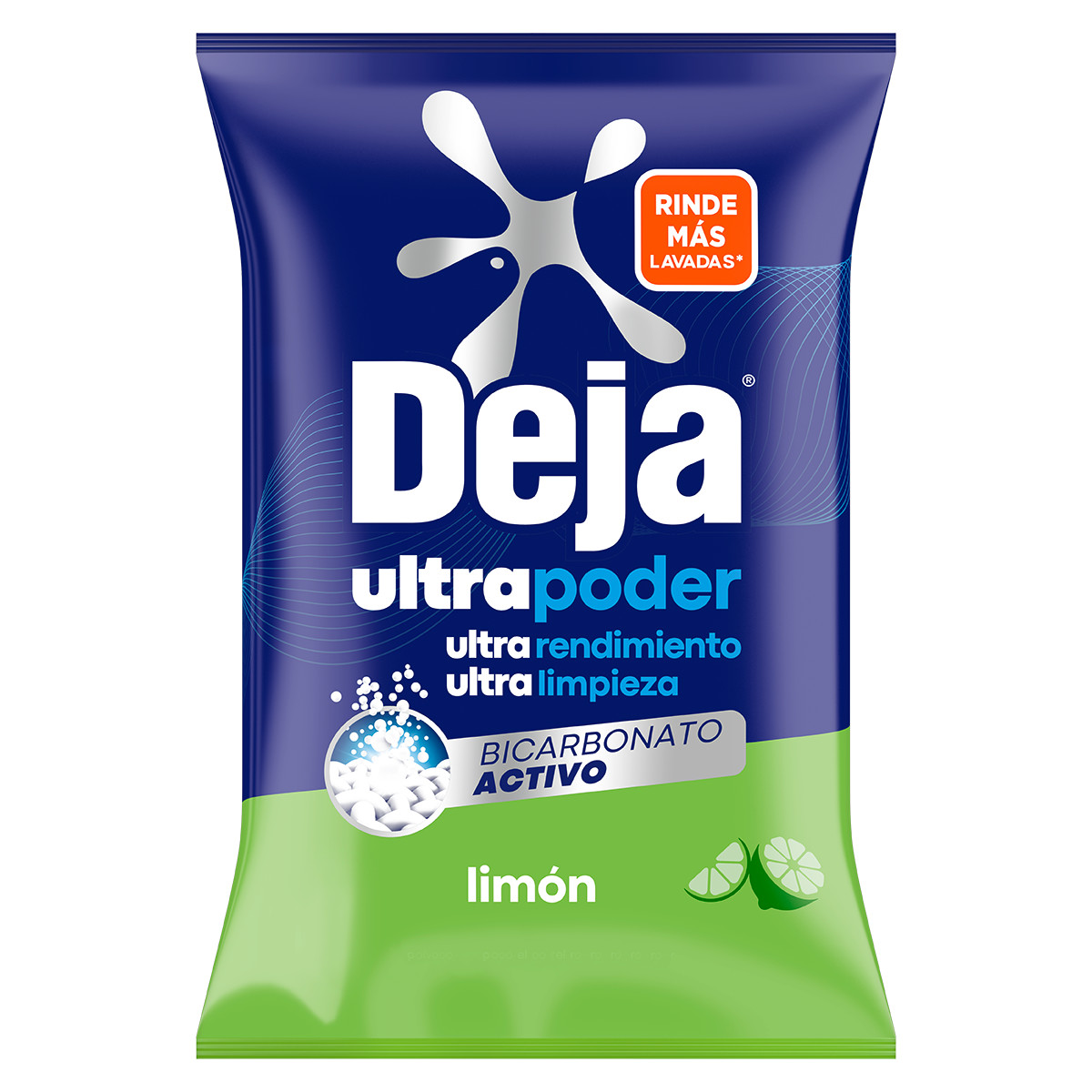 Nuevo Deja Ultra Poder Limón, empaque principalemente azul oscuro y en parte inferior color verde.