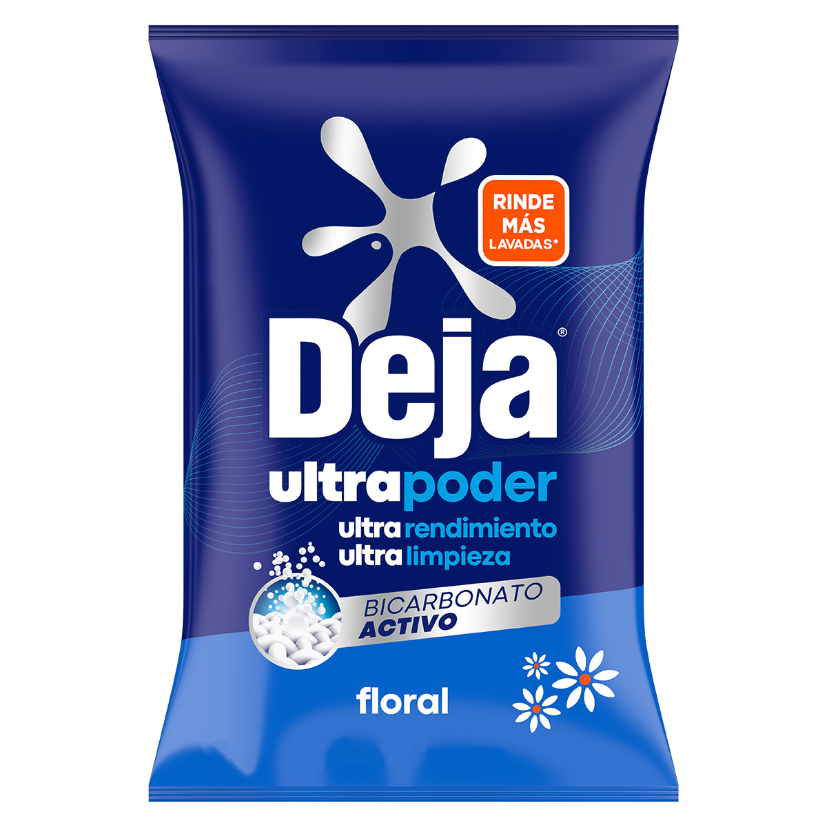 Nuevo Deja Ultra Poder Floral , empaque principalmente azul oscuro y en parte inferior azul más claro