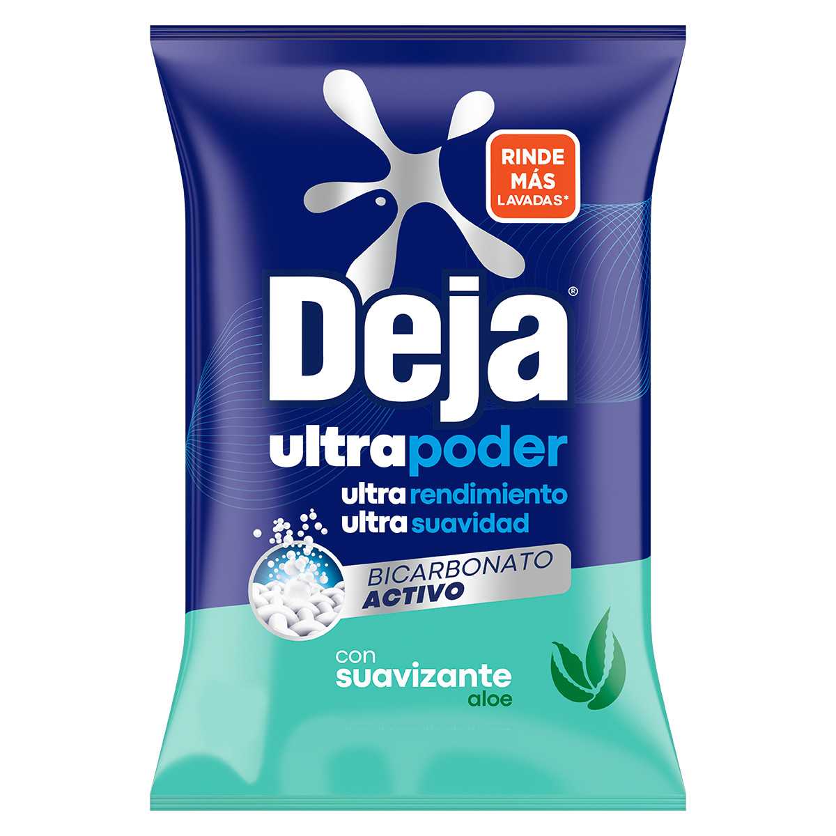 Nuevo Deja Ultra Poder Suavizante  Aloe, empaque principalmente azul oscuro y en parte inferior color verde claro.