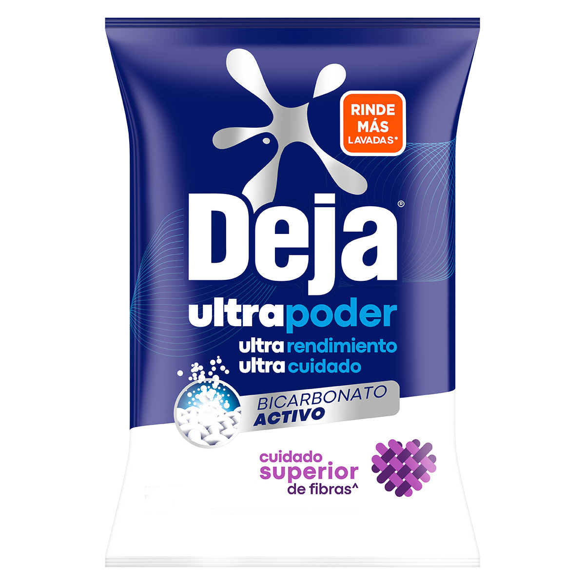 Nuevo Deja Ultra Poder Cuidado Superior Fibras,  empaque principalmente azul oscuro y en parte inferior color blanco.
